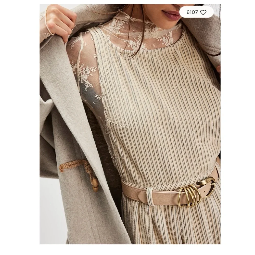 Free People Pale Nude Leather Belt with Stacked Antique Gold Rings
